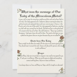 Dam på det Miraculous Medal Prayer-kortet Inbjudningar