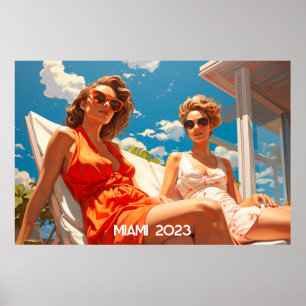 Dam på ett Miami sol-däck Poster