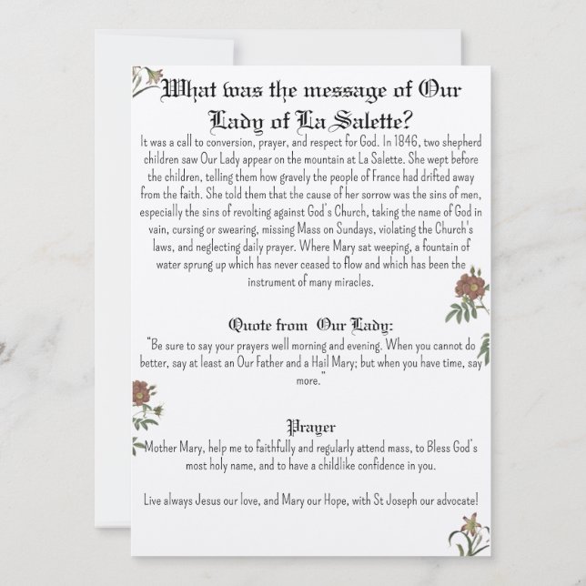 Dam på La Salette Prayer Card Inbjudningar (Baksida)