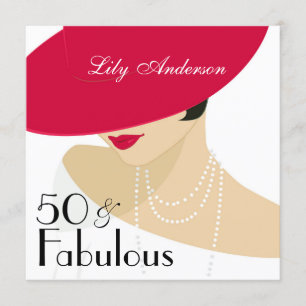 Dam Red hat elegant pearls 50 & Fabulous Inbjudningar