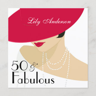 Dam Red hat elegant pearls 50 & Fabulous Inbjudningar