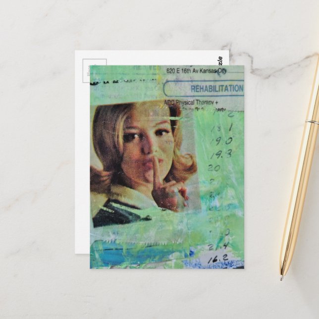 Dam säger shh Mixed Media Collage Vykort (Fram/Back In Situ)