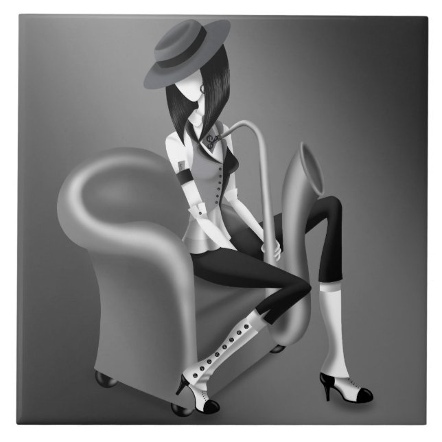 Dam saxofonist - jazzinspirerad dekorativ platta kakelplatta (Framsidan)