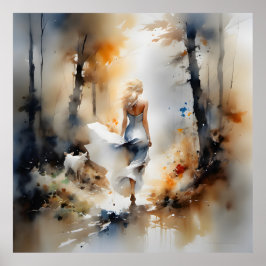 Dam som går genom en skog poster