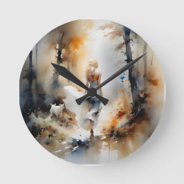 Dam som går genom en skog rund klocka