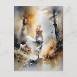 Dam som går genom en skog vykort