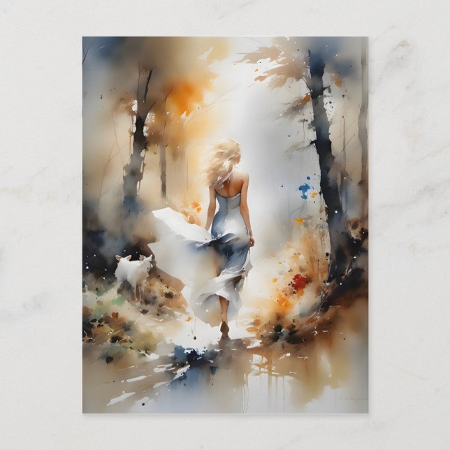 Dam som går genom en skog vykort (Framsida)