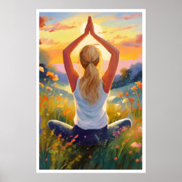 Dam som gör Yoga i fält vid solnedgången Poster