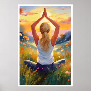 Dam som gör Yoga i fält vid solnedgången Poster