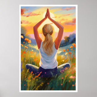 Dam som gör Yoga i fält vid solnedgången Poster
