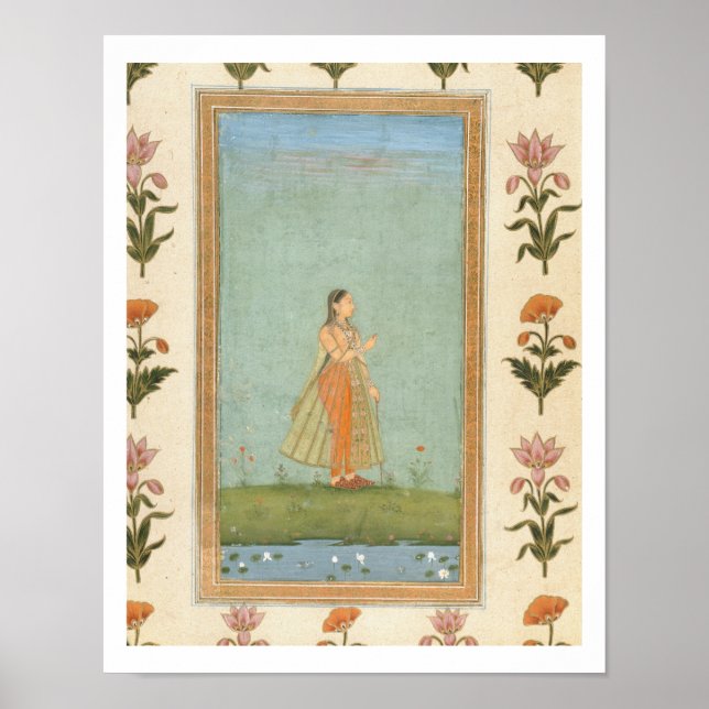 Dam som har en blomma, som står vid en ljust damm, poster (Framsidan)