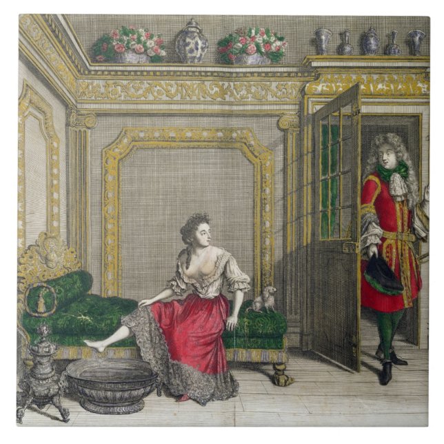 Dam som undressing för badet, publicerad c.1688-90 kakelplatta (Framsidan)