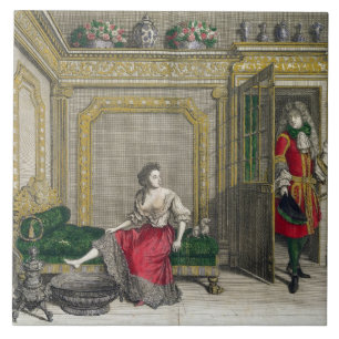 Dam som undressing för badet, publicerad c.1688-9 kakelplatta