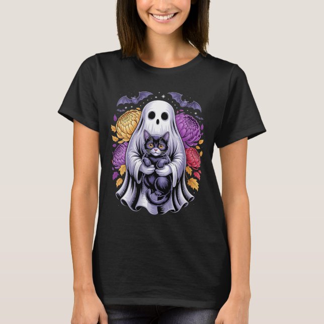 Dam spooky spökkatts blomsterpumpa söt svart t shirt (Framsida)