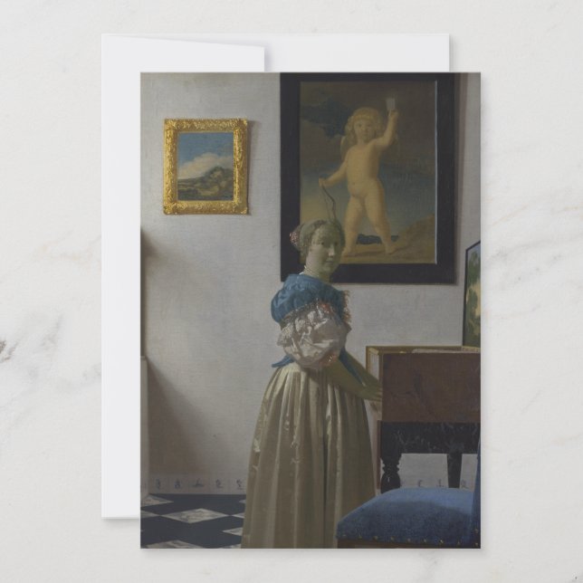 Dam Ställande vid ett jungfral av Johannes Vermeer (Framsida)