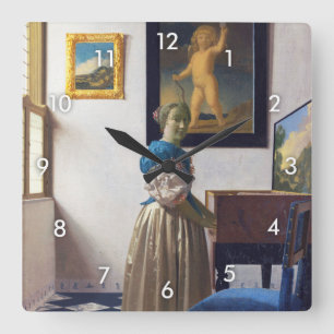 Dam Ställande vid ett jungfral, Johannes Vermeer Fyrkantig Klocka