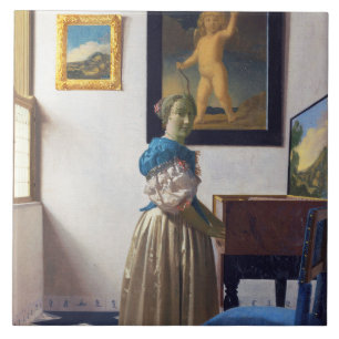 Dam Ställande vid ett jungfral, Johannes Vermeer Kakelplatta