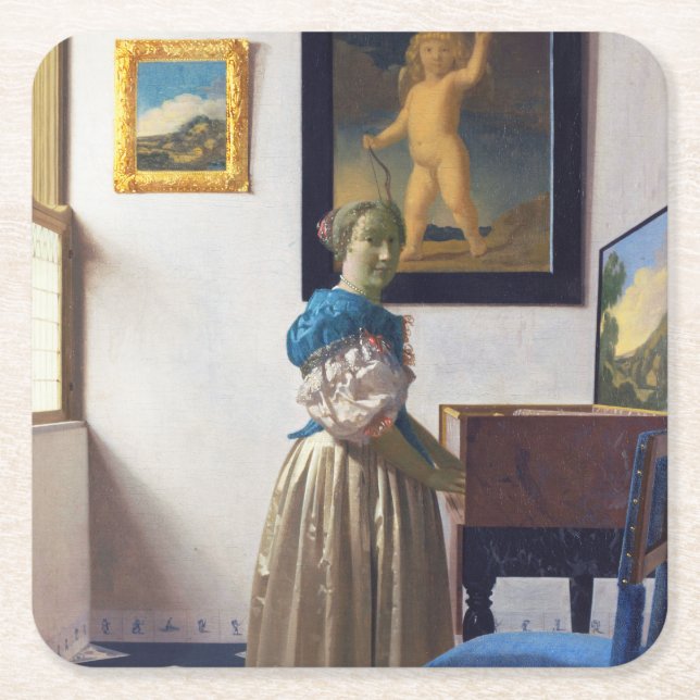Dam Ställande vid ett jungfral, Johannes Vermeer Underlägg Papper Kvadrat (Framsidan)