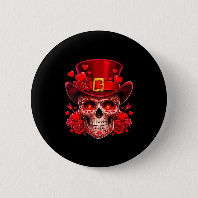Dam Sugar Skull Alla hjärtans dag Tuggummi Röda ro Knapp (Framsida)
