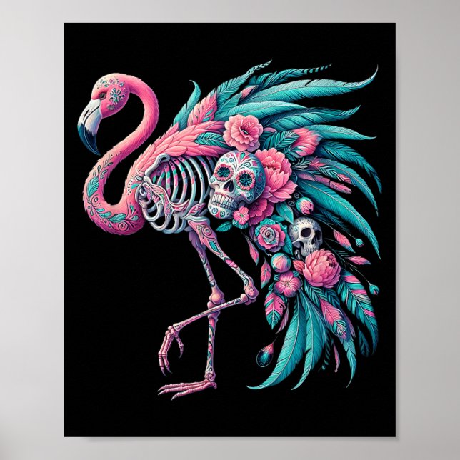 Dam Sugar Skull Mexikansk Flamingo Dia De Los Poster (Framsidan)