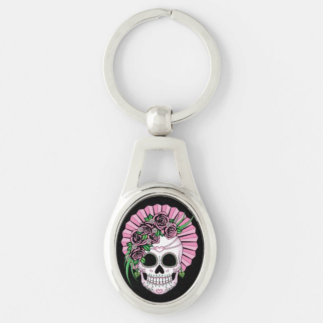 Dam Sugar Skull Ovalt Silverfärgad Nyckelring (Framsidan)