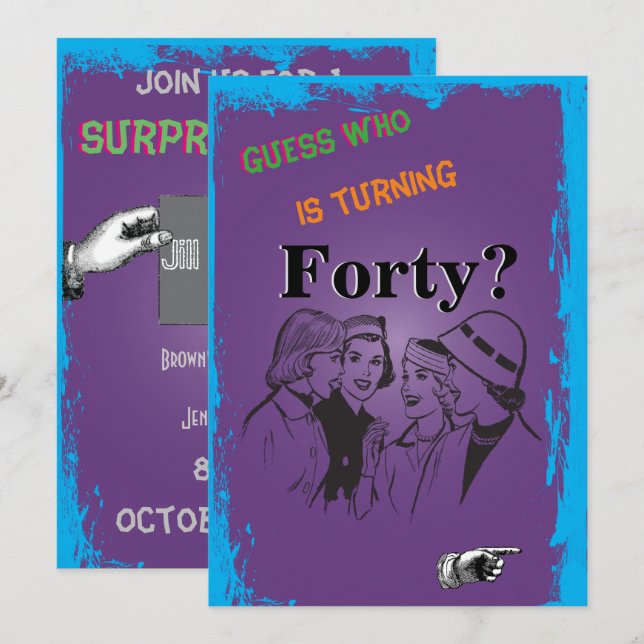 Dam Surprise 40-dagars Retro-Vintage Inbjudningar (Fram/baksida)