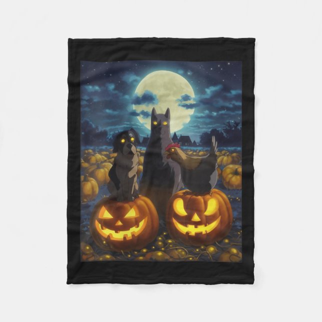 Dam Svart Katt Hund Kyckling Halloween Pumpa Fleecefilt (Framsidan)
