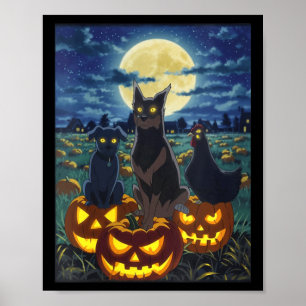 Dam Svart Katt Hund Kyckling Halloween Pumpa Poster