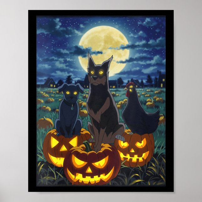 Dam Svart Katt Hund Kyckling Halloween Pumpa Poster (Framsidan)
