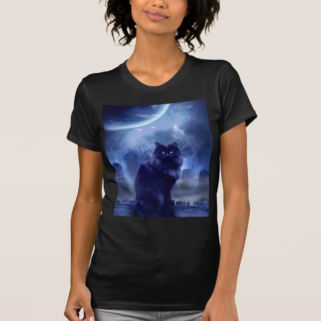 dam svart katt och måne t-shirt (Framsida)