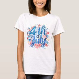 Dam T-Shirt med Vattenfärg 4:e Juli Patriotisk