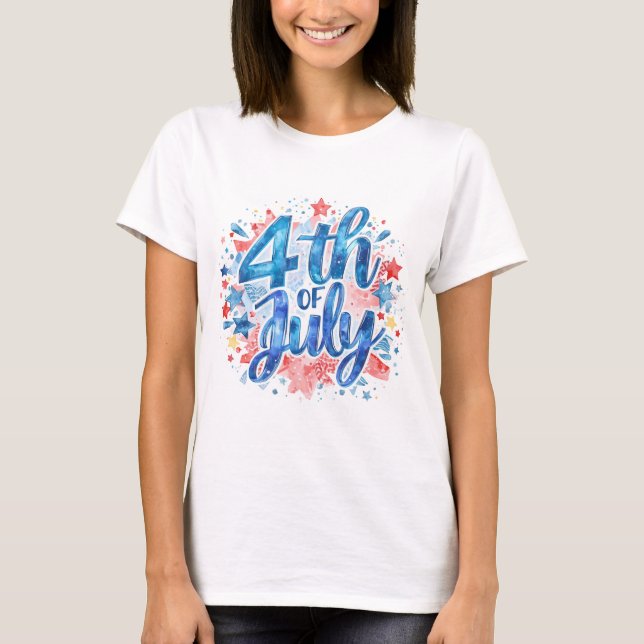 Dam T-Shirt med Vattenfärg 4:e Juli Patriotisk (Framsida)