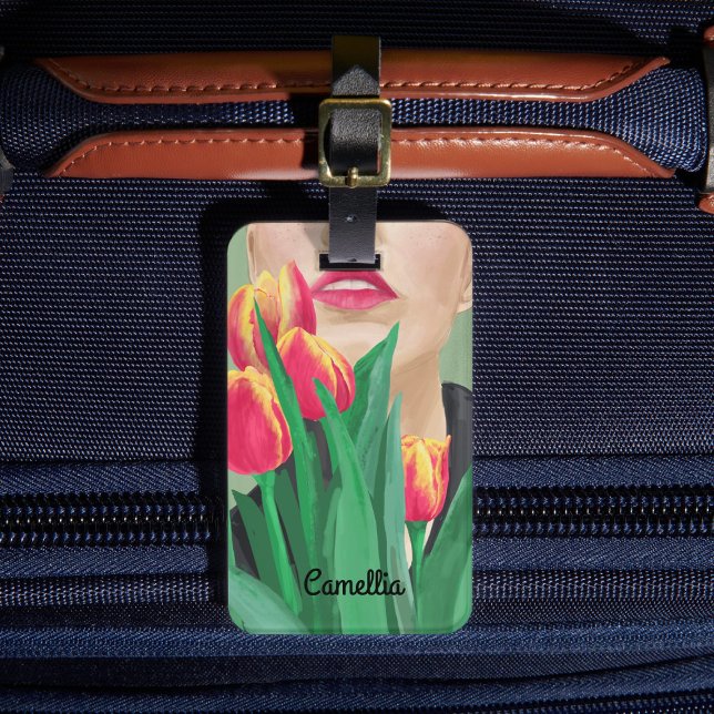 Dam & Tulip Grönt Orange Modern grafisk målning Bagagebricka (Portrait art of lady with tulip "Dame à la tulipe", lady with yellow orange tulip on green backgroun)