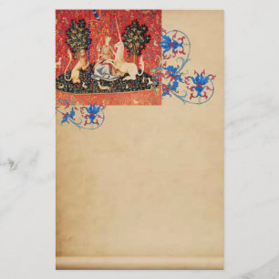 DAM,UNICORN,Lejont,Animals Antique Blommigt Parchm Brevpapper