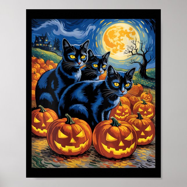 Dam Van Gogh stil svarta katter Halloween pumpa Poster (Framsidan)