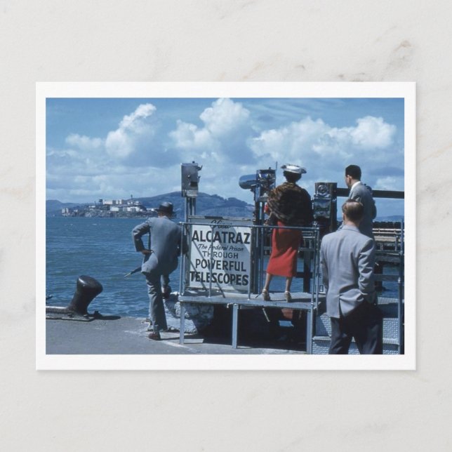 Dam Views Alcatraz Thru Telescope 1950-talet Retro Vykort (Framsida)