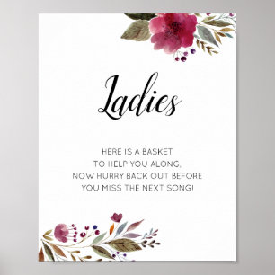 Dam Womens Bathroom Basket Sign Burgundy Blommigt Poster