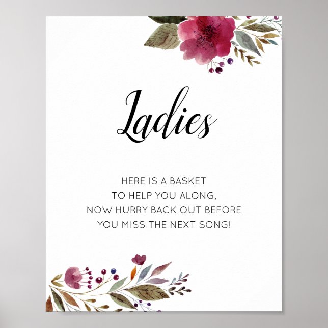 Dam Womens Bathroom Basket Sign Burgundy Blommigt Poster (Framsidan)