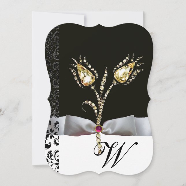 DAMANT-TULPANER, Rosa Svart Vit Damask Monogram Inbjudningar (Framsida)