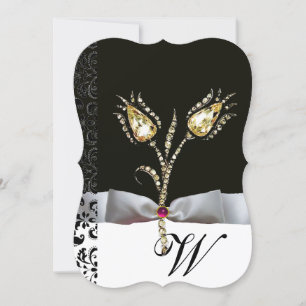 DAMANT-TULPANER, Rosa Svart Vit Damask Monogram Inbjudningar