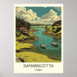 Damariscotta ME Vintage River Boats Coastal Art Poster