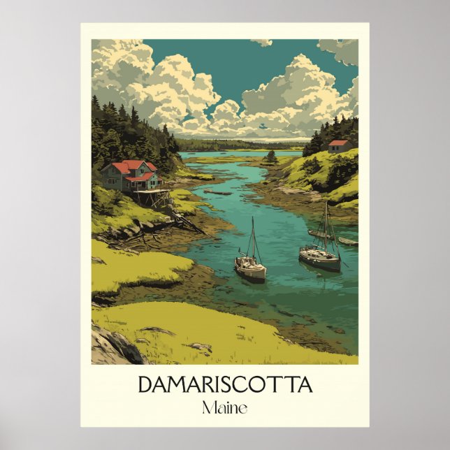 Damariscotta ME Vintage River Boats Coastal Art Poster (Framsidan)