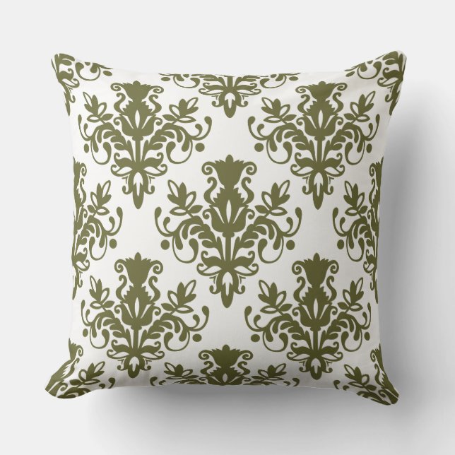 Damask 02 Mönster - Deep Olive on White Kudde (Framsida)