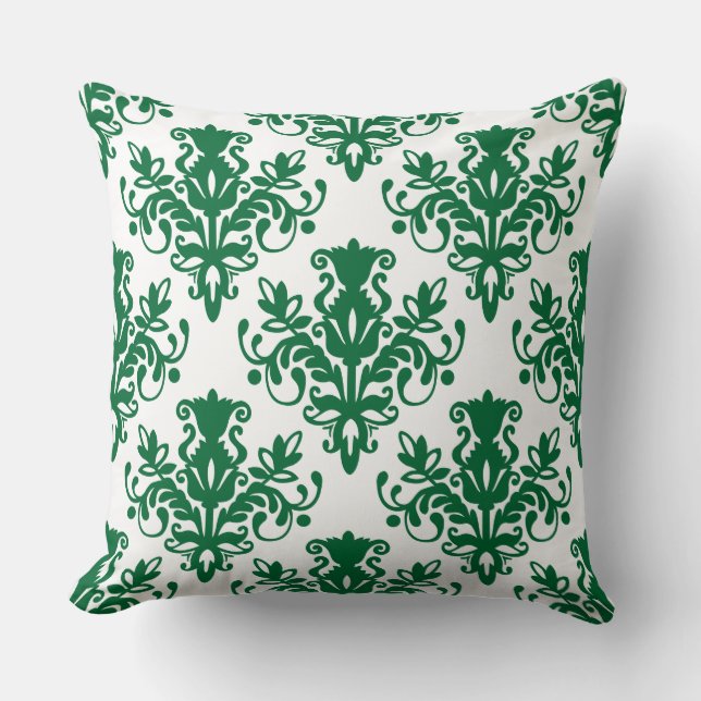 Damask 02 Mönster - Forest Grönt on White Kudde (Framsida)