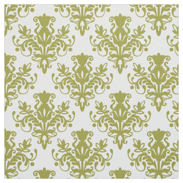 Damask 02 Mönster - Olive on White Tyg (Provkarta)