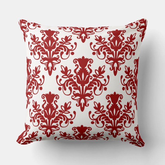 Damask 02 Mönster - Ruby Red on White Kudde (Framsida)