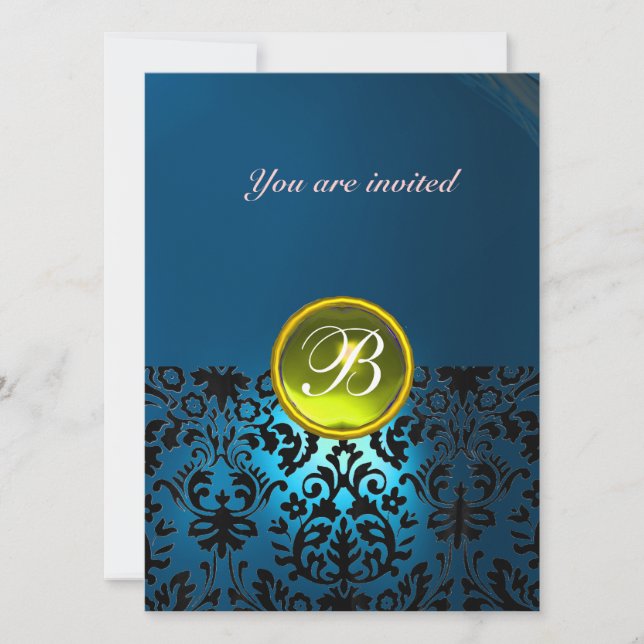 DAMASK ÄDELSTEN INITIALER blå gul rsvp Inbjudningar (Framsida)