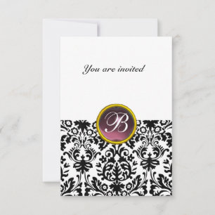 DAMASK ÄDELSTEN INITIALER lila vit rsvp Inbjudningar