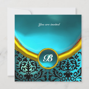 DAMASK ÄDELSTEN MONOGRAM blå akvamarin Inbjudningar