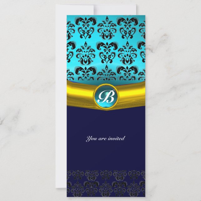 DAMASK ÄDELSTEN MONOGRAM ,blå turkos Inbjudningar (Framsida)